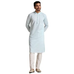Manyavar Kurta Set for Men, Full Sleeves Mandarin Collar Ethnic Men's Kurta Set for Engagement, Wedding, Party Art Silk Embroidery (Green)